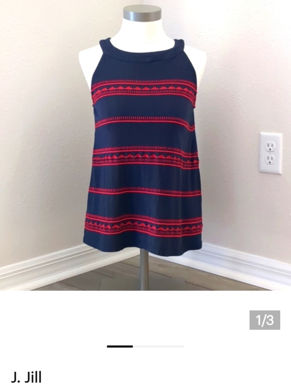J. Jill Navy Tank  with Red Embroidered Pattern